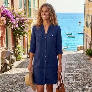 MALVIN Navy Blue 100% Linen Shirt Dress Roll Tab Sleeve Button Front Medium